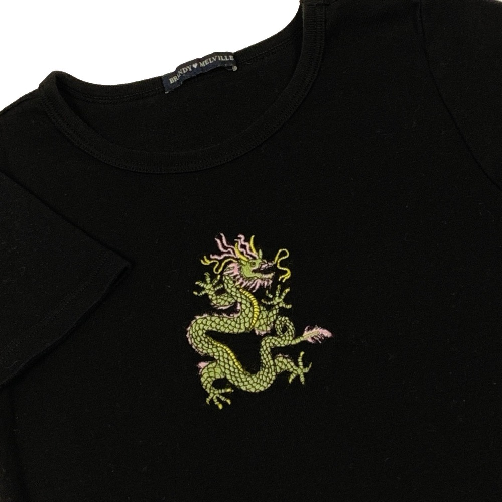 Brandy Melville Black Dragon Embroidered Baby Tee Crop T-Shirt One Size